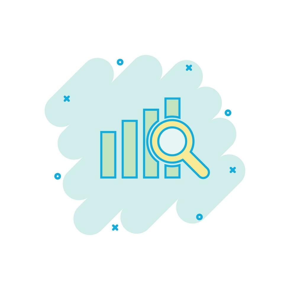 Vector cartoon financial forecast icon in comic style. Analytics financial forecast concept illustration pictogram. Diagram with loupe business splash effect concept.