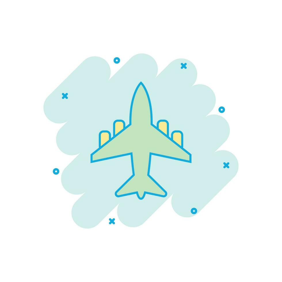 Vector cartoon airplane icon in comic style. Airport plane sign illustration pictogram. Airplane business splash effect concept.