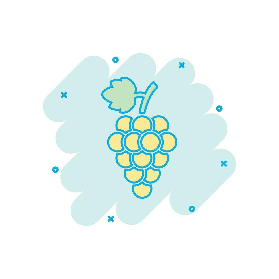 fruta de uva de dibujos animados vectoriales con icono de hoja en estilo cómico. pictograma de ilustración de signo de vino. concepto de efecto de salpicadura de negocios de vid. vector
