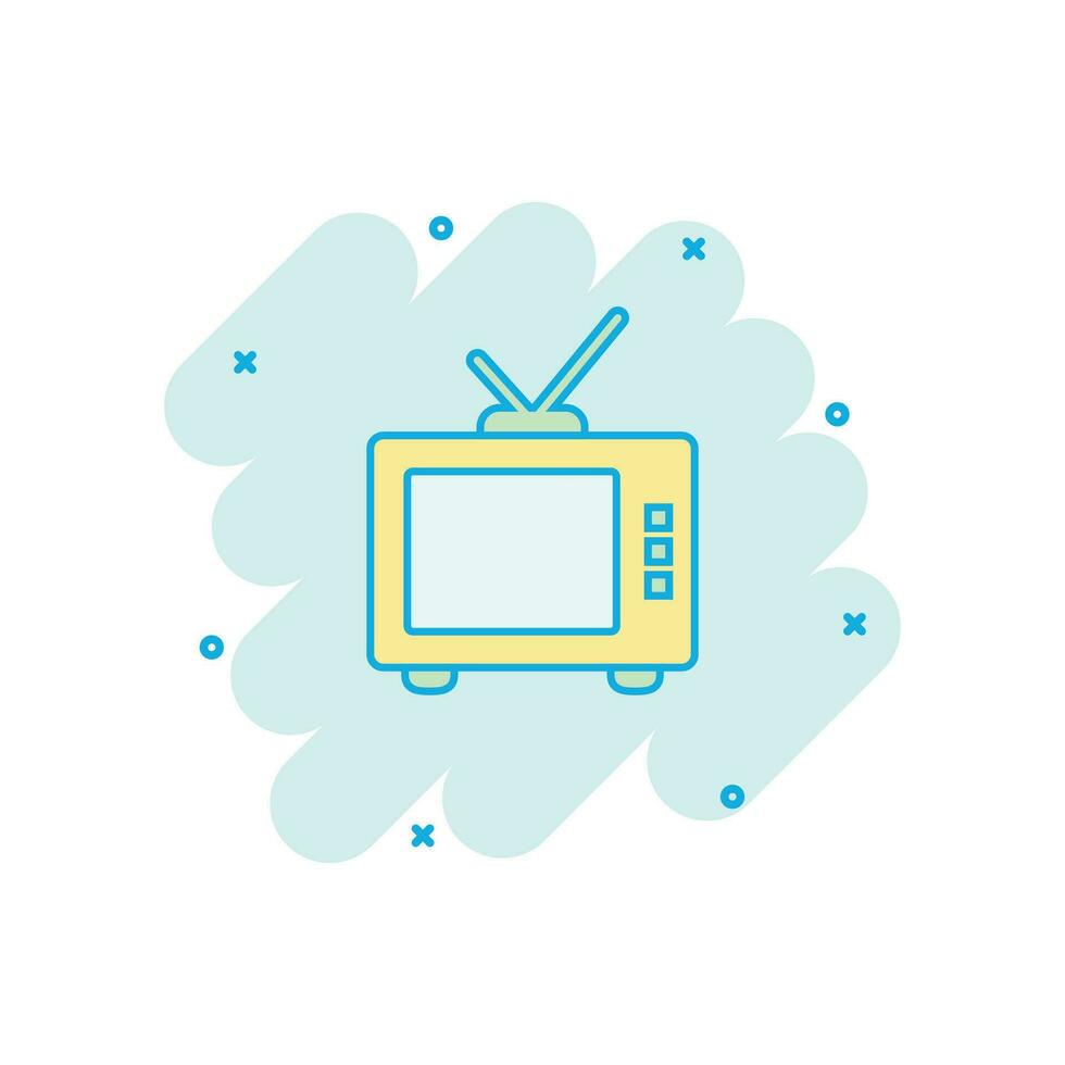 icono de pantalla de tv retro de dibujos animados vectoriales en estilo cómico. pictograma de ilustración de concepto de televisión antigua. concepto de efecto de salpicadura de negocio de pantalla de tv. vector