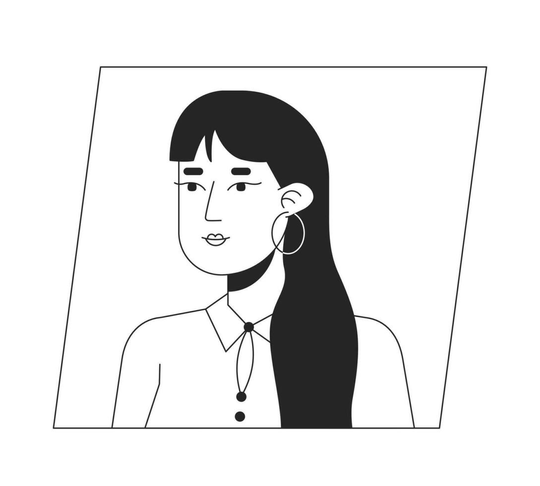 Attractive asian adult woman black white cartoon avatar icon. Editable 2D character user portrait, linear flat illustration. Vector face profile. Outline person head and shoulders