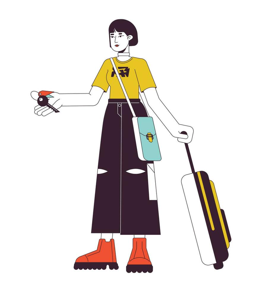 Female traveler holding hotel room key flat line color vector character. Editable outline full body person on white. Asian tourist with baggage simple cartoon spot illustration for web graphic design