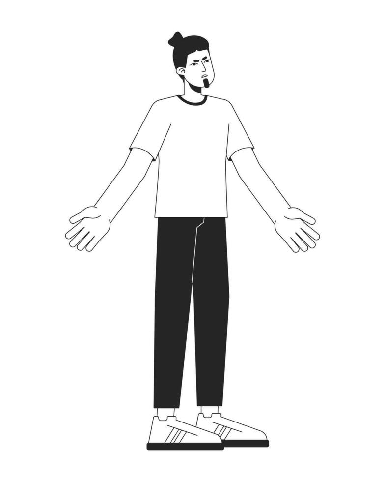 Annoyed man throwing up hands flat line black white vector character. Editable outline full body person. Clueless bearded man shrugging simple cartoon isolated spot illustration for web graphic design