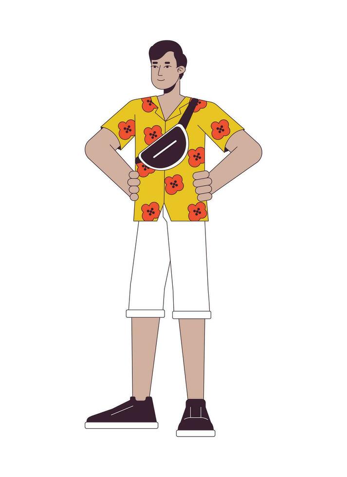 indio masculino turista con bandolera bolso plano línea color vector personaje. editable contorno lleno cuerpo persona en blanco. hombre vistiendo hawaiano camisa sencillo dibujos animados Mancha ilustración para web gráfico diseño