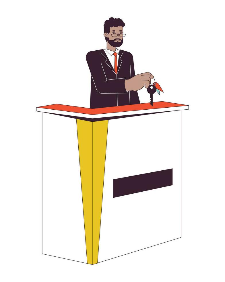 Male receptionist at hotel front desk flat line color vector character. Concierge. Editable outline full body person on white. Motel check in simple cartoon spot illustration for web graphic design