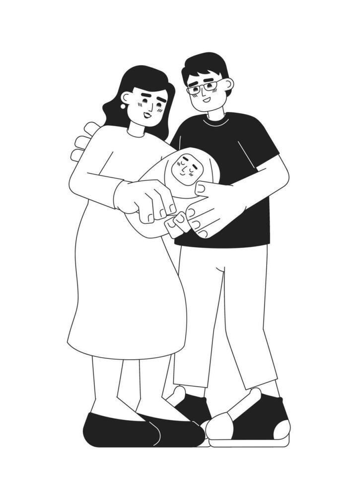 Mom dad newborn monochrome vector spot illustration. Baby and parents 2D flat bw cartoon characters for web UI design. Couple holding baby. Infant parenthood isolated editable hand drawn hero image