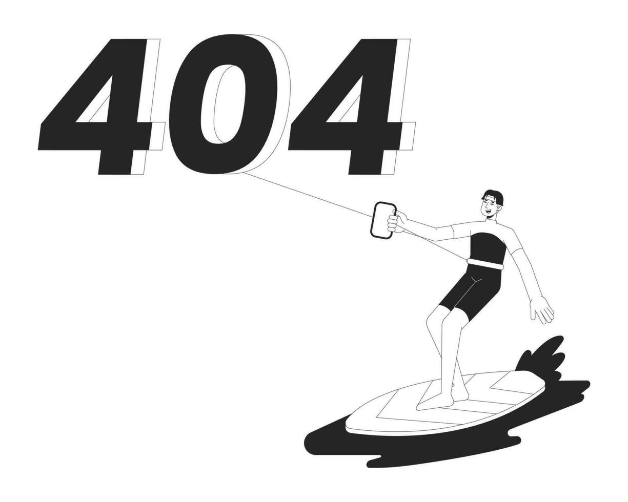 Kiteboarding black white error 404 flash message. Watersport recreation. Surfer riding with kite. Monochrome empty state ui design. Page not found popup cartoon image. Vector flat outline illustration