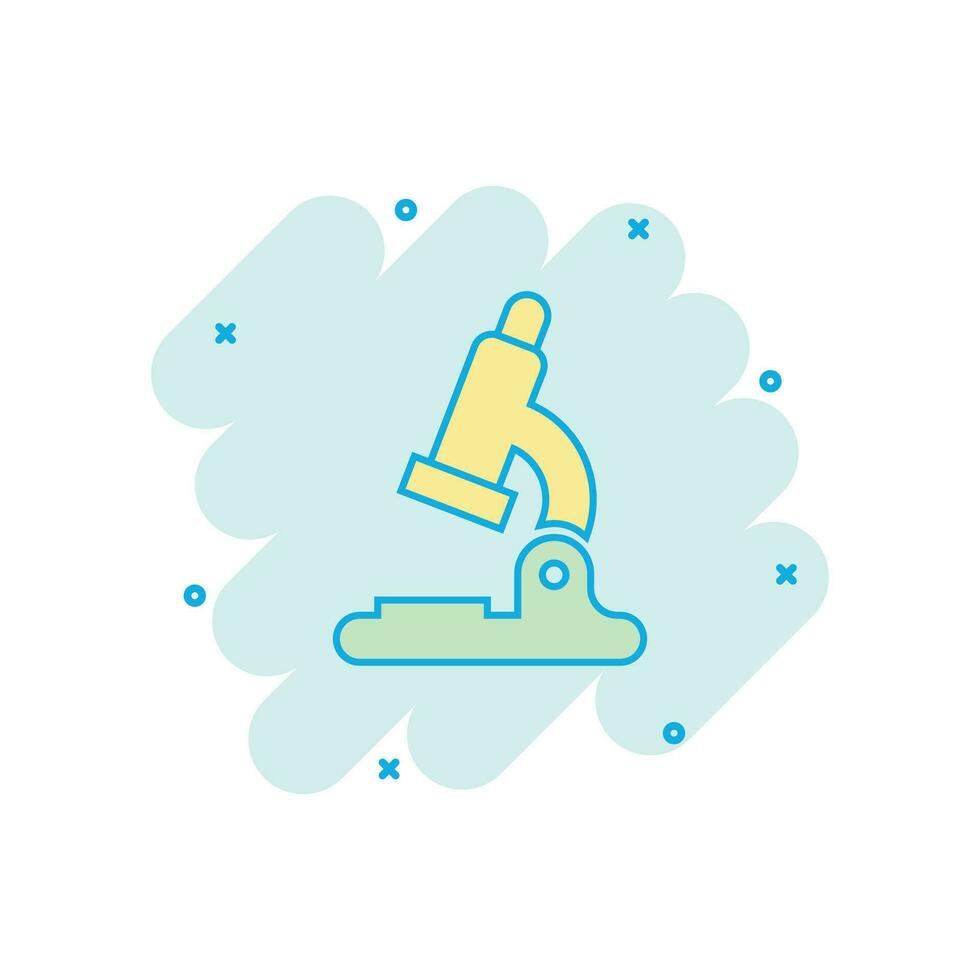 Vector cartoon microscope lab icon in comic style. Microscope sign illustration pictogram. Chemistry discovery business splash effect concept.