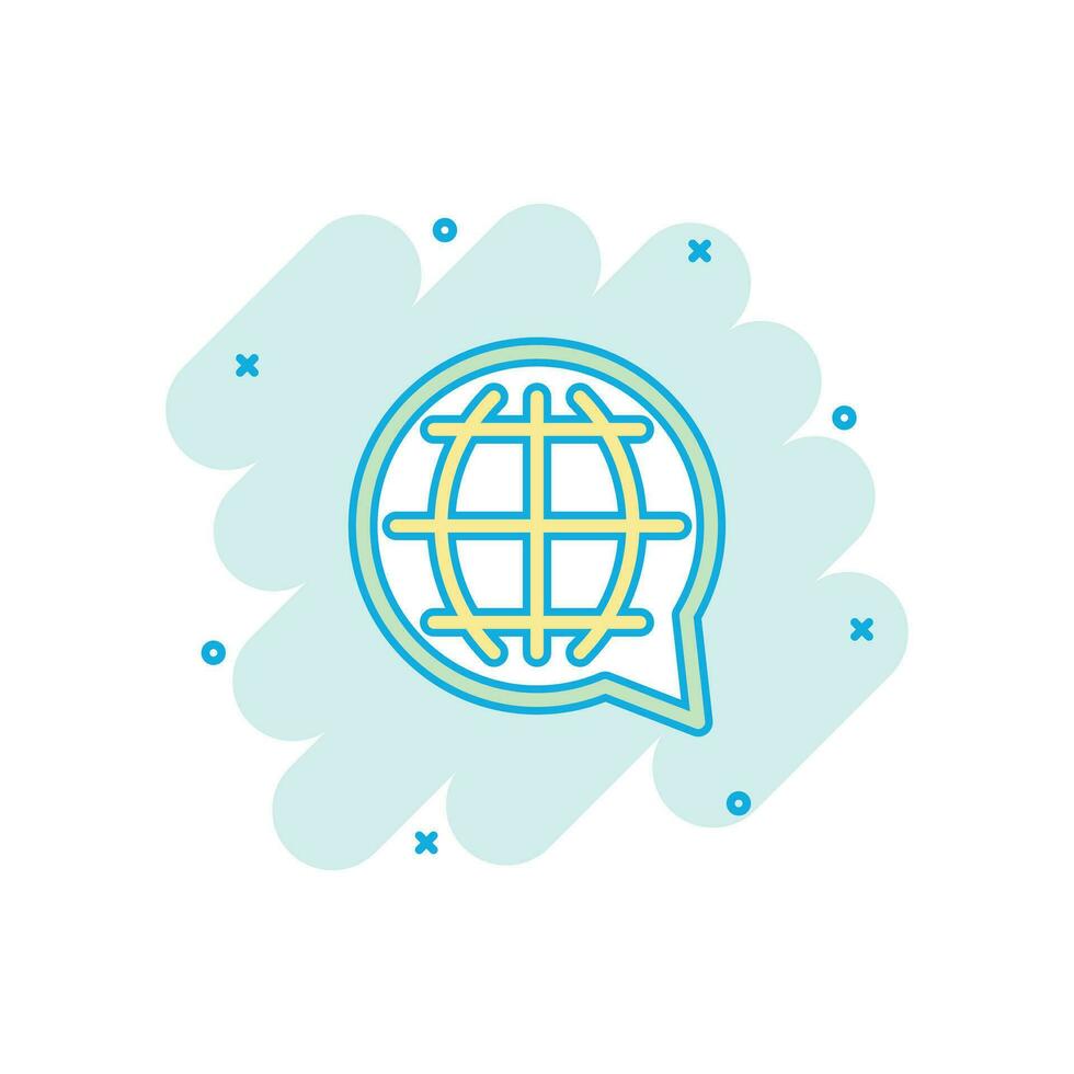 Vector cartoon choose or change language icon in comic style. Globe world communication sign illustration pictogram. World business splash effect concept.
