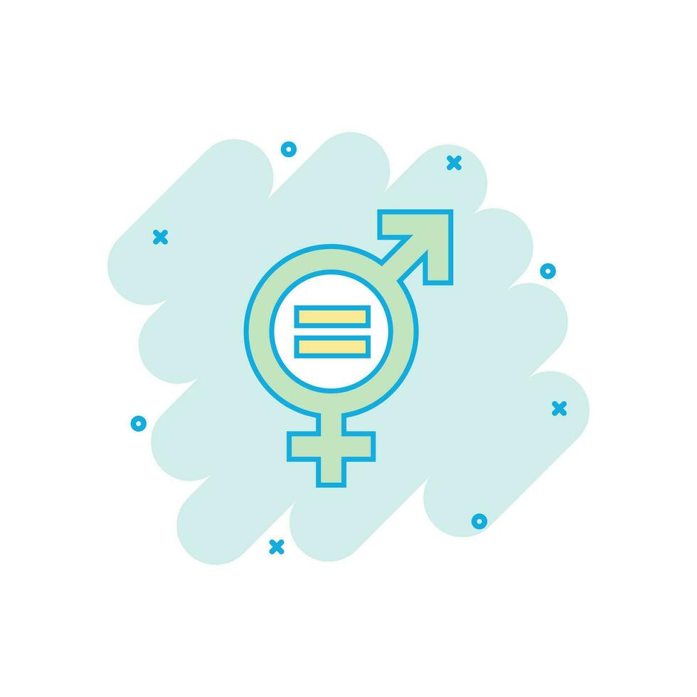 Vector cartoon gender equal icon in comic style. Men and women sign illustration pictogram. Sex business splash effect concept.