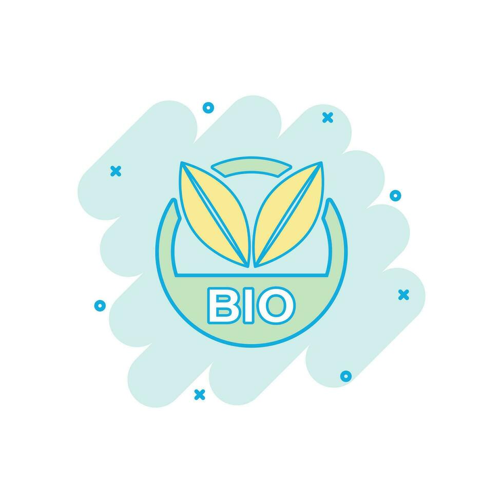 Vector cartoon bio label badge icon in comic style. Eco organic product stamp concept illustration pictogram. Eco natural food business splash effect concept.