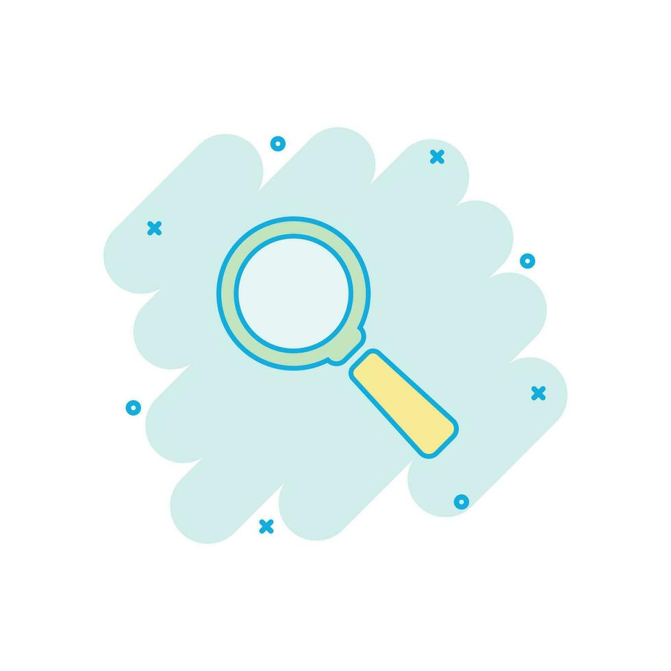 Vector cartoon magnifying glass icon in comic style. Search magnifier illustration pictogram. Find search business splash effect concept.