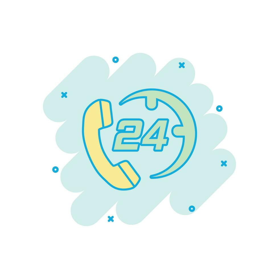 Vector cartoon technical support 24 7 icon in comic style. Phone clock help concept illustration pictogram. Computer service support business splash effect concept.
