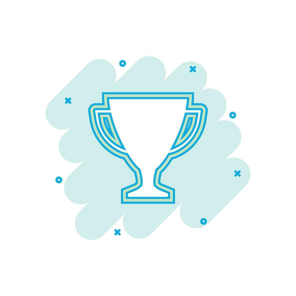 Vector cartoon trophy cup icon in comic style. Winner sign illustration pictogram. Award prize business splash effect concept.