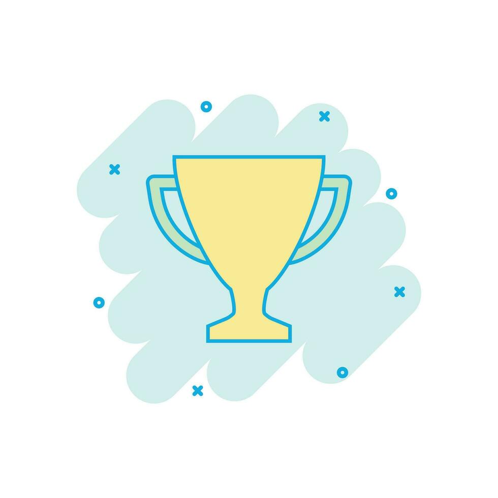 Vector cartoon trophy cup icon in comic style. Winner sign illustration pictogram. Award prize business splash effect concept.