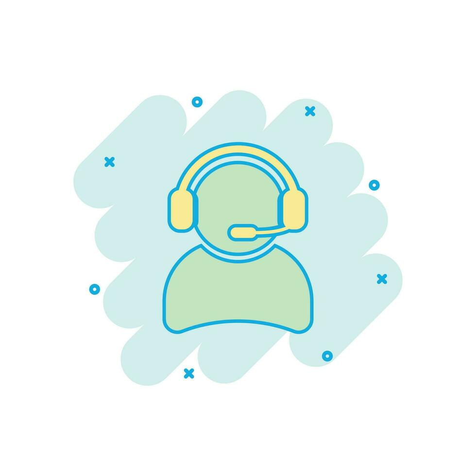 Vector cartoon operator with microphone icon in comic style. Operator in call center sign illustration pictogram. People business splash effect concept.