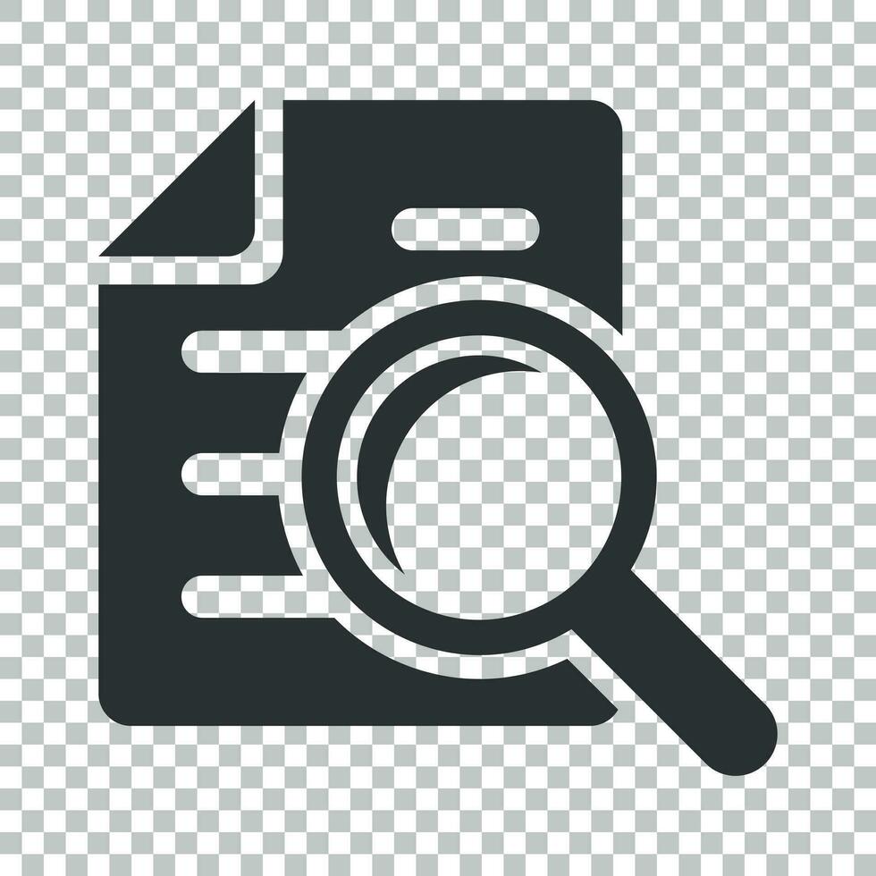 Scrutiny document plan icon in flat style. Review statement vector illustration on isolated background. Document with magnifier loupe business concept.