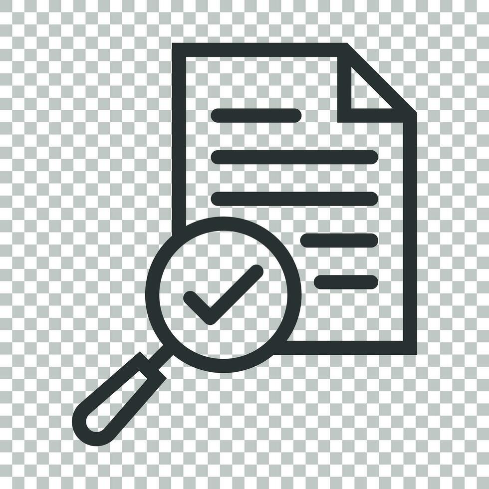 Scrutiny document plan icon in flat style. Review statement vector illustration on isolated background. Document with magnifier loupe business concept.