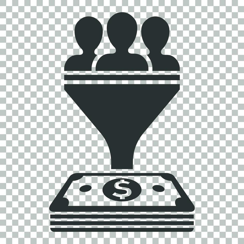 Lead management icon in flat style. Funnel with people, money vector illustration on isolated background. Target client business concept.