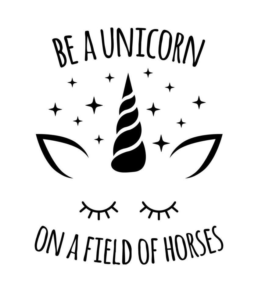 Vector black unicorn face with quote and stars