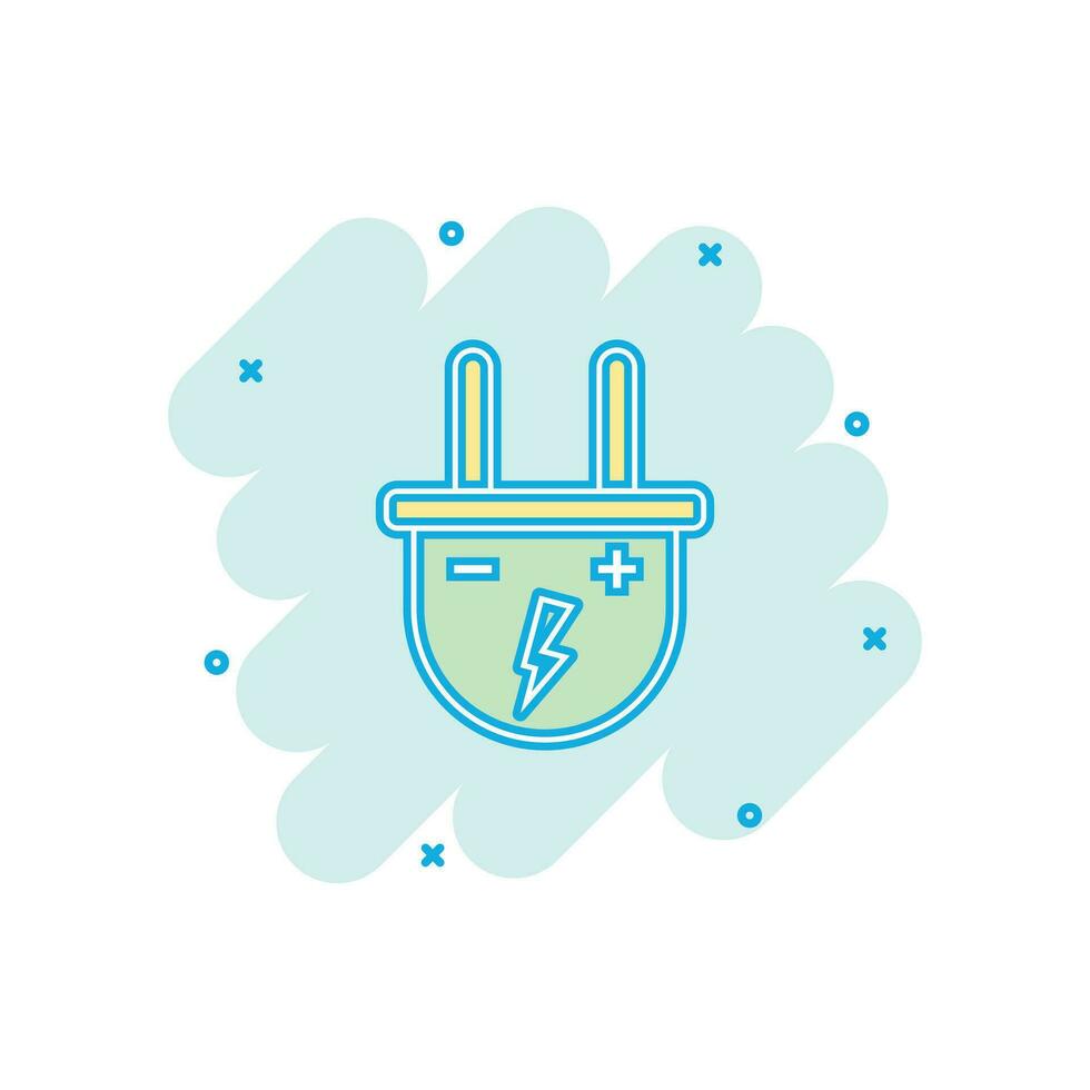Vector cartoon electric plug icon in comic style. Power wire cable sign illustration pictogram. Wire business splash effect concept.