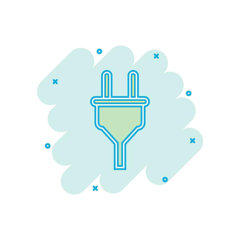 Vector cartoon electric plug icon in comic style. Power wire cable sign illustration pictogram. Wire business splash effect concept.