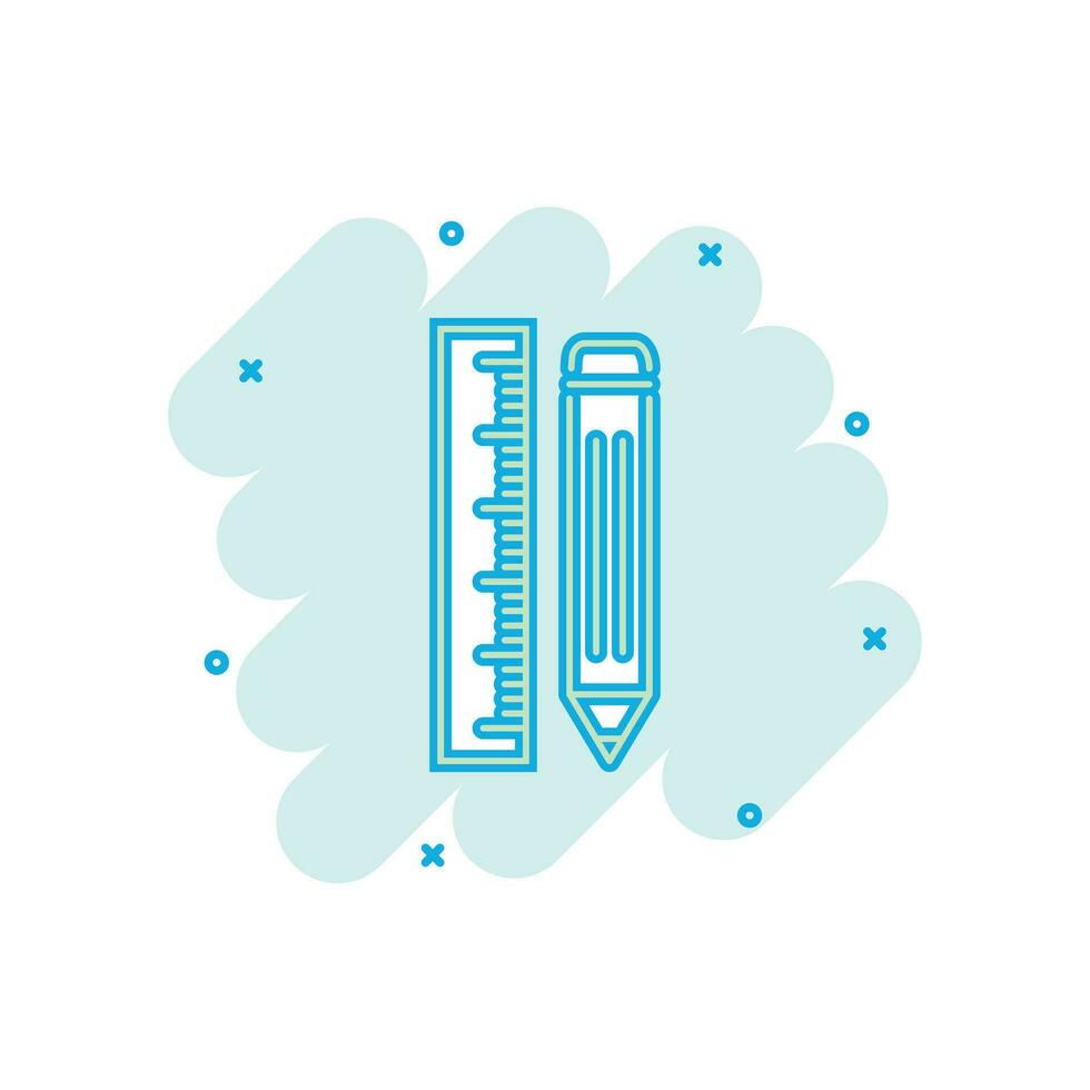 Vector cartoon pencil with ruler icon in comic style. Ruler meter sign illustration pictogram. Office gear business splash effect concept.