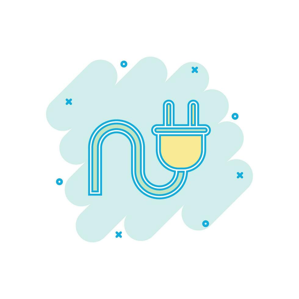 Vector cartoon electric plug icon in comic style. Power wire cable sign illustration pictogram. Wire business splash effect concept.