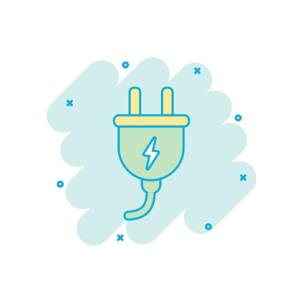 Vector cartoon electric plug icon in comic style. Power wire cable sign illustration pictogram. Wire business splash effect concept.