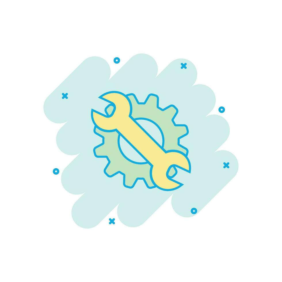 Vector cartoon service tool icon in comic style. Cogwheel with wrench sign illustration pictogram. Workshop business splash effect concept.