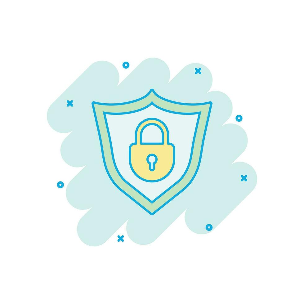 Vector cartoon lock with shield security icon in comic style. Protection illustration pictogram. Shield business splash effect concept.