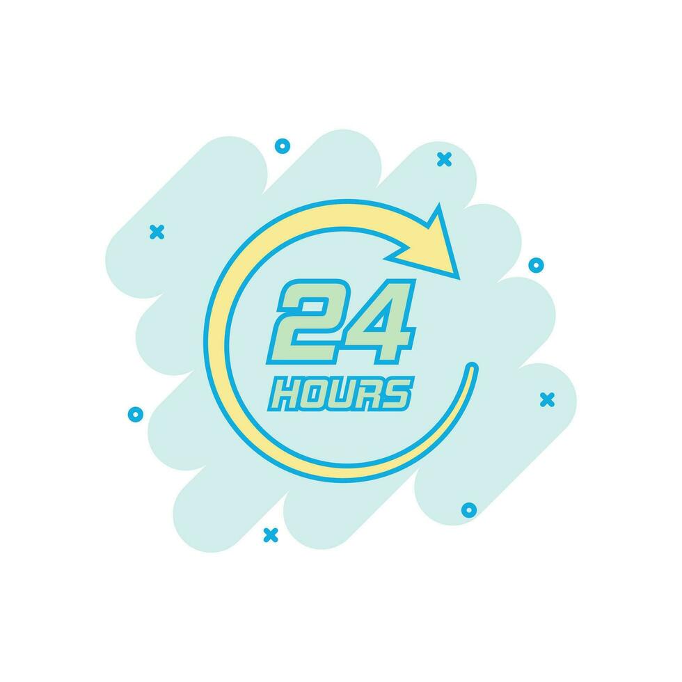 Vector cartoon twenty four hour clock icon in comic style. 24 7 service time concept illustration pictogram. Around the clock business splash effect concept.