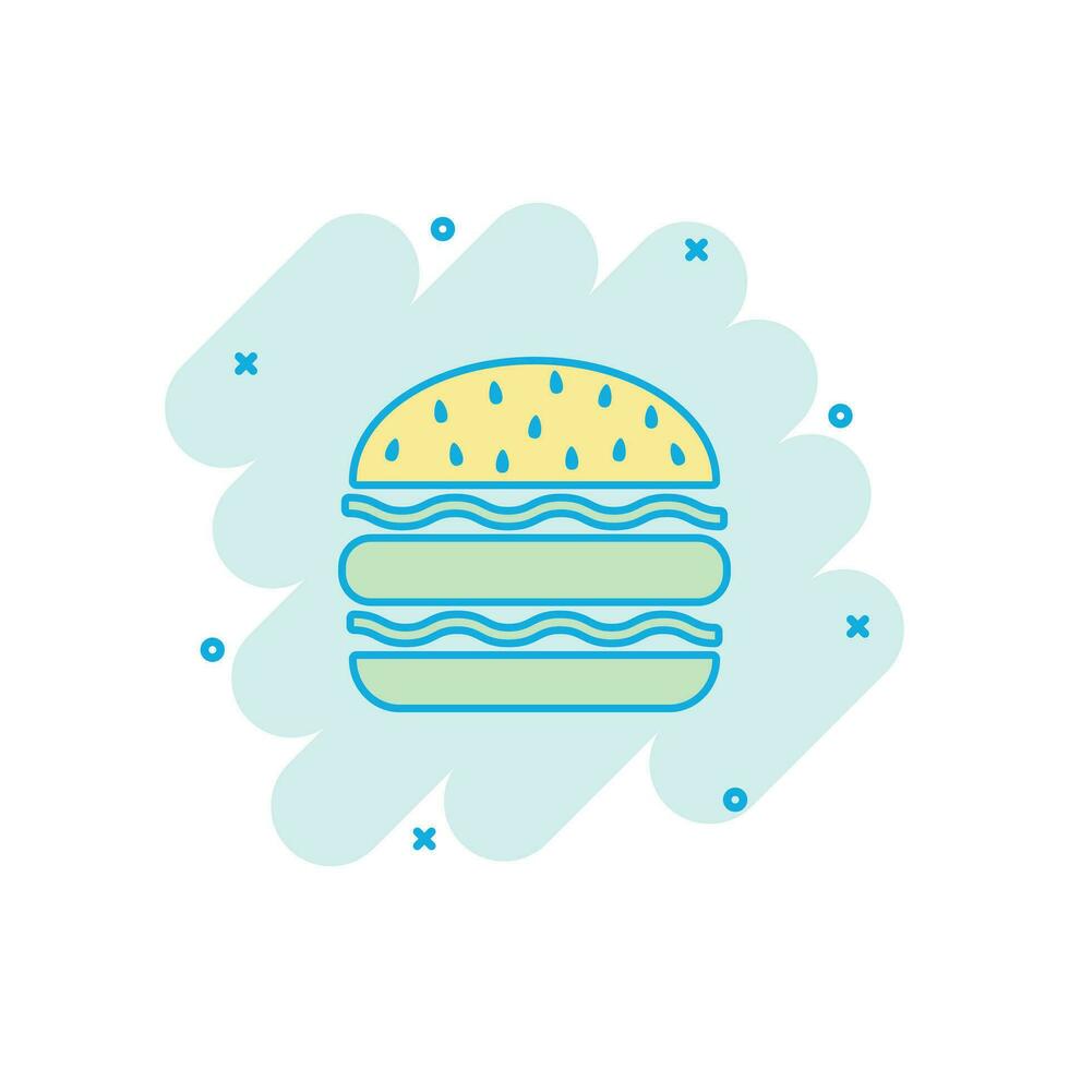 Vector cartoon burger fast food icon in comic style. Hamburger sign illustration pictogram. Burger business splash effect concept.