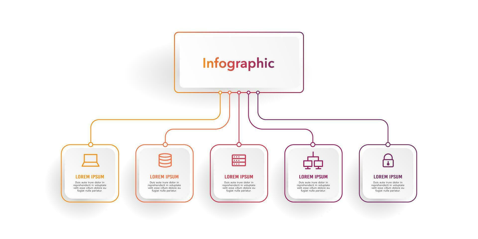 Infographic diagram 5 options for business presentation. Mind Map, Process, Template, Flowchart, Diagram, Teamwork. Vector illustration.