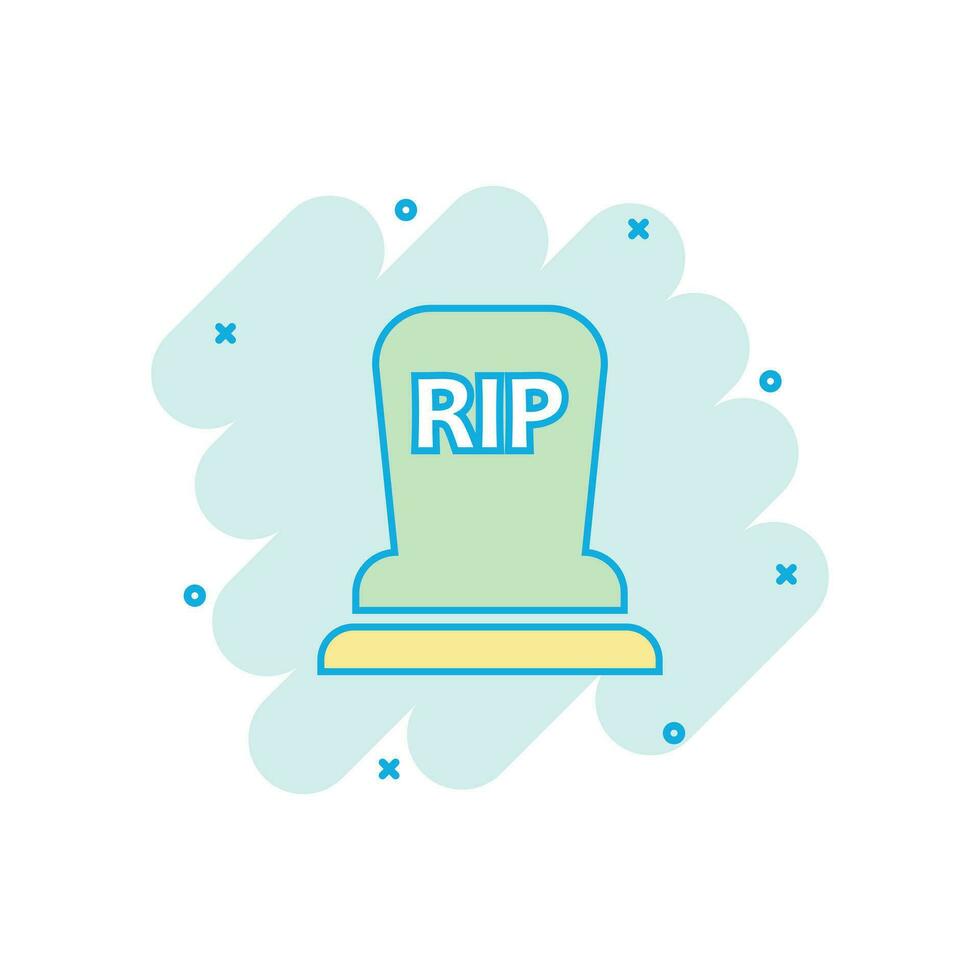 Vector cartoon halloween grave icon in comic style. Gravestone sign illustration pictogram. Rip business splash effect concept.