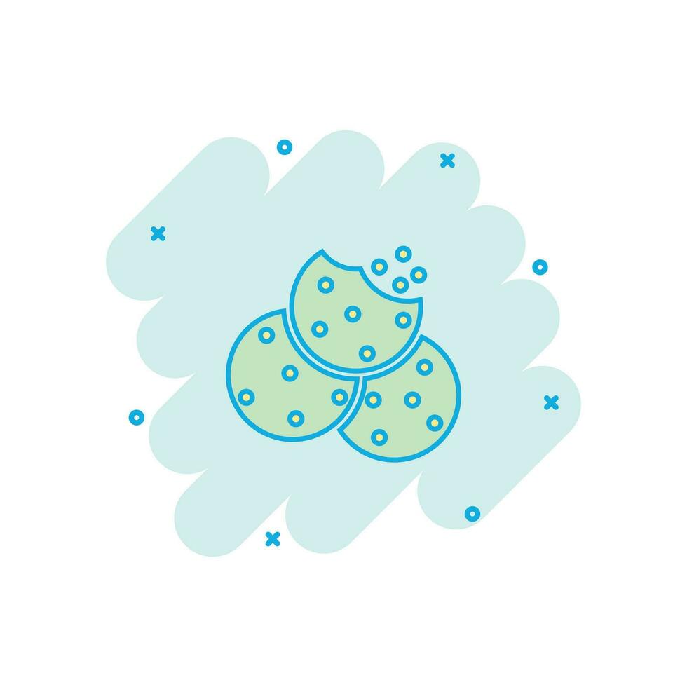 icono de cookie de dibujos animados vectoriales en estilo cómico. Pictograma de ilustración de signo de galleta con chip. concepto de efecto de salpicadura de negocio de galletas de pastelería. vector