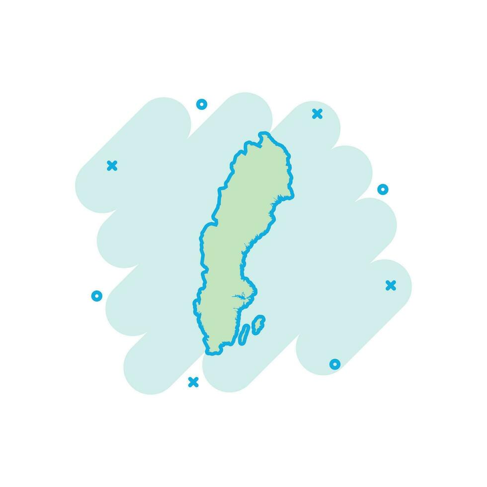 icono de mapa de suecia de dibujos animados vectoriales en estilo cómico. pictograma de ilustración de signo de Suecia. concepto de efecto de salpicadura de negocio de mapa de cartografía. vector