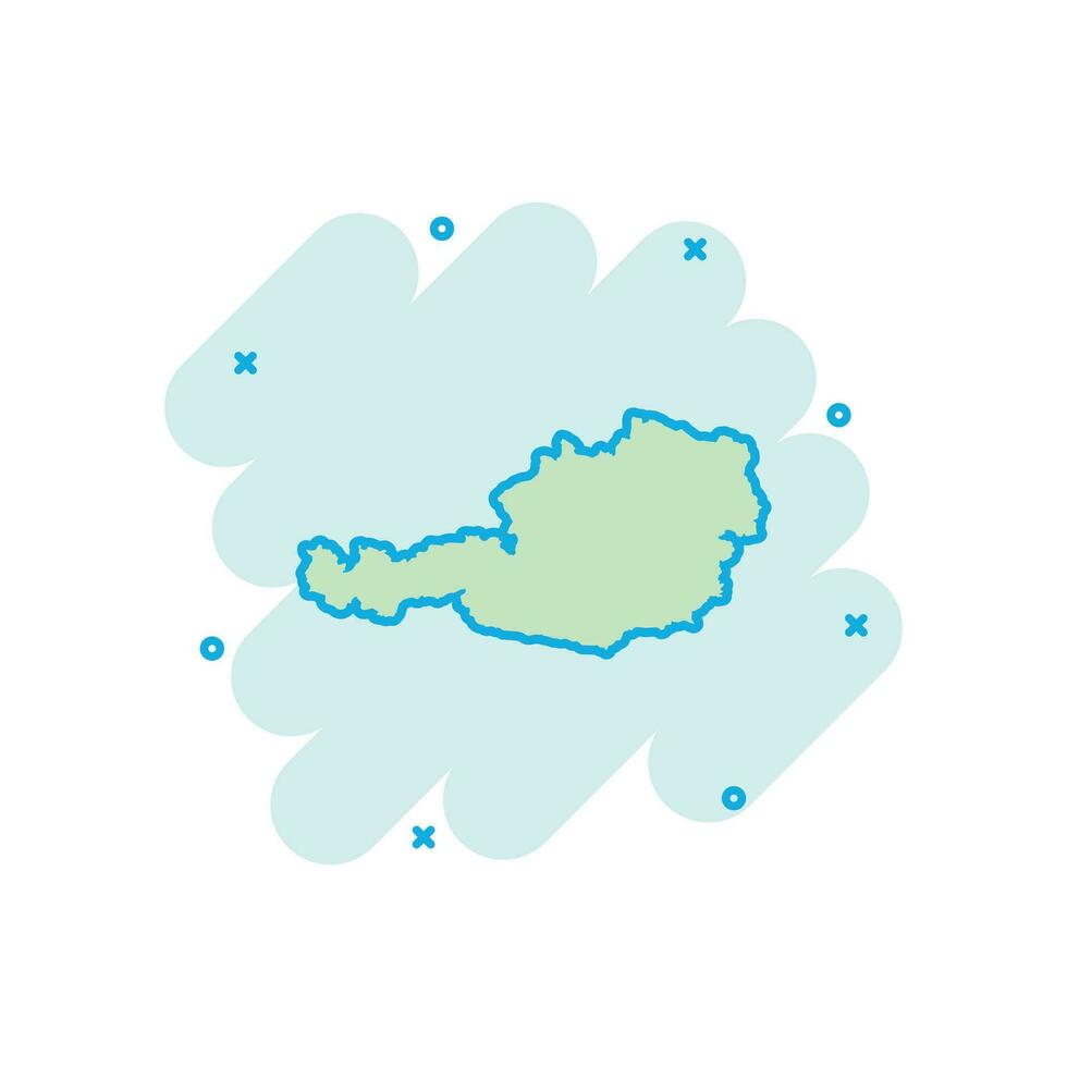 icono de mapa de austria de dibujos animados de vector en estilo cómico. pictograma de ilustración de signo de Austria. concepto de efecto de salpicadura de negocio de mapa de cartografía.