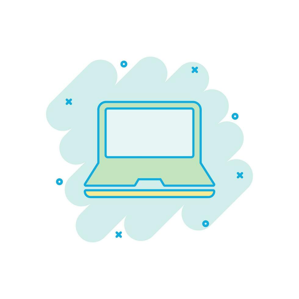 Vector cartoon laptop computer icon in comic style. Notebook sign illustration pictogram. Pc business splash effect concept.