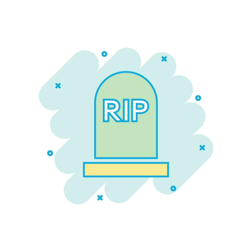 Vector cartoon halloween grave icon in comic style. Gravestone sign illustration pictogram. Rip business splash effect concept.