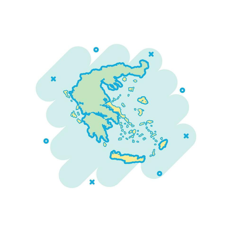 Vector cartoon Greece map icon in comic style. Greece sign illustration pictogram. Cartography map business splash effect concept.