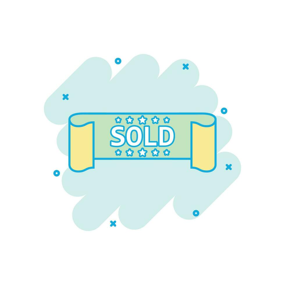 Cartoon colored sold ribbon icon in comic style. Discount sticker illustration pictogram. Sold sign splash business concept. vector