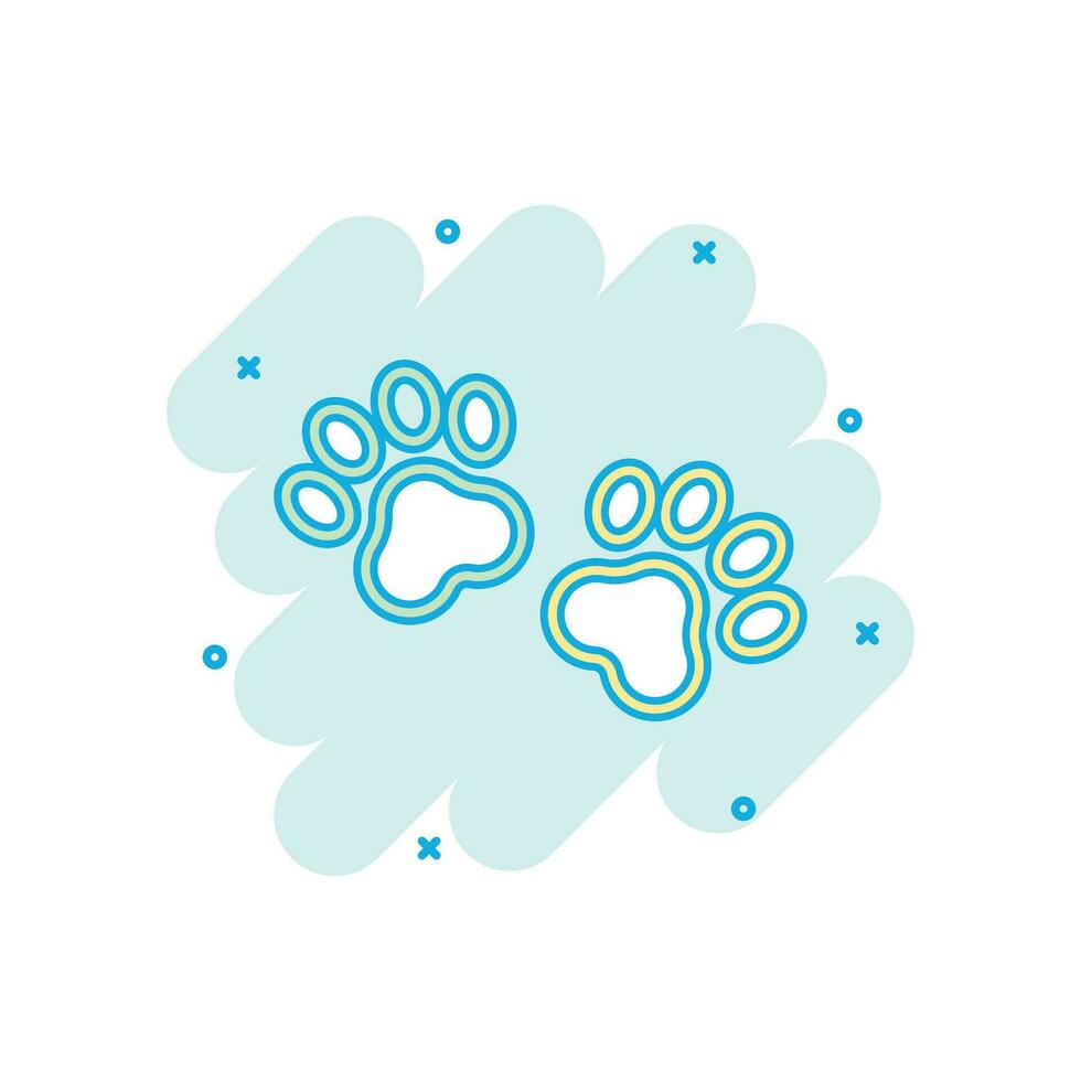 Vector cartoon paw print icon in comic style. Dog or cat pawprint sign illustration pictogram. Animal business splash effect concept.