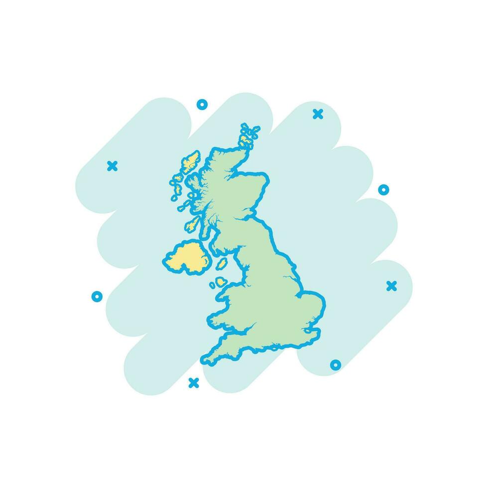 icono de mapa de Reino Unido de dibujos animados vectoriales en estilo cómico. pictograma de ilustración de signo de Reino Unido. concepto de efecto de salpicadura de negocio de mapa de cartografía. vector