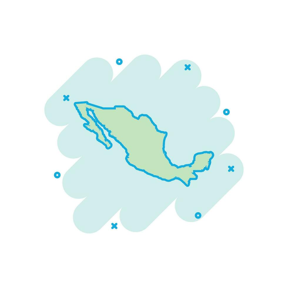 Vector cartoon Mexico map icon in comic style. Mexico sign illustration pictogram. Cartography map business splash effect concept.