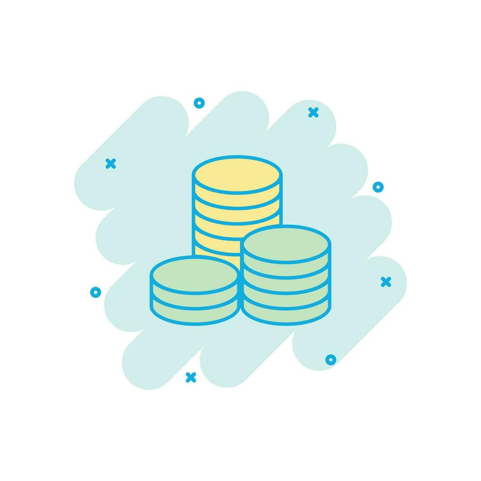 Vector cartoon coins stack icon in comic style. Money coin sign illustration pictogram. Currency money business splash effect concept.