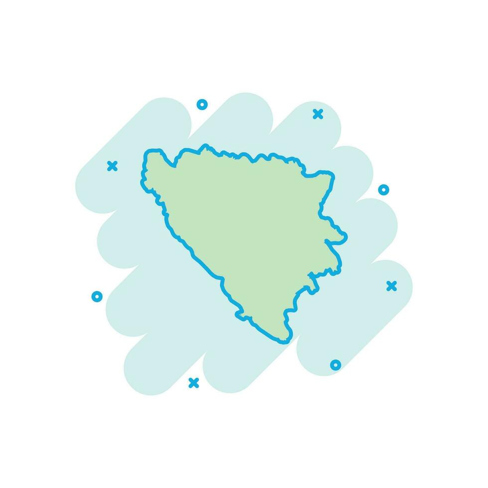 Vector cartoon Bosnia and Herzegovina map icon in comic style. Bosnia and Herzegovina sign illustration pictogram. Cartography map business splash effect concept.