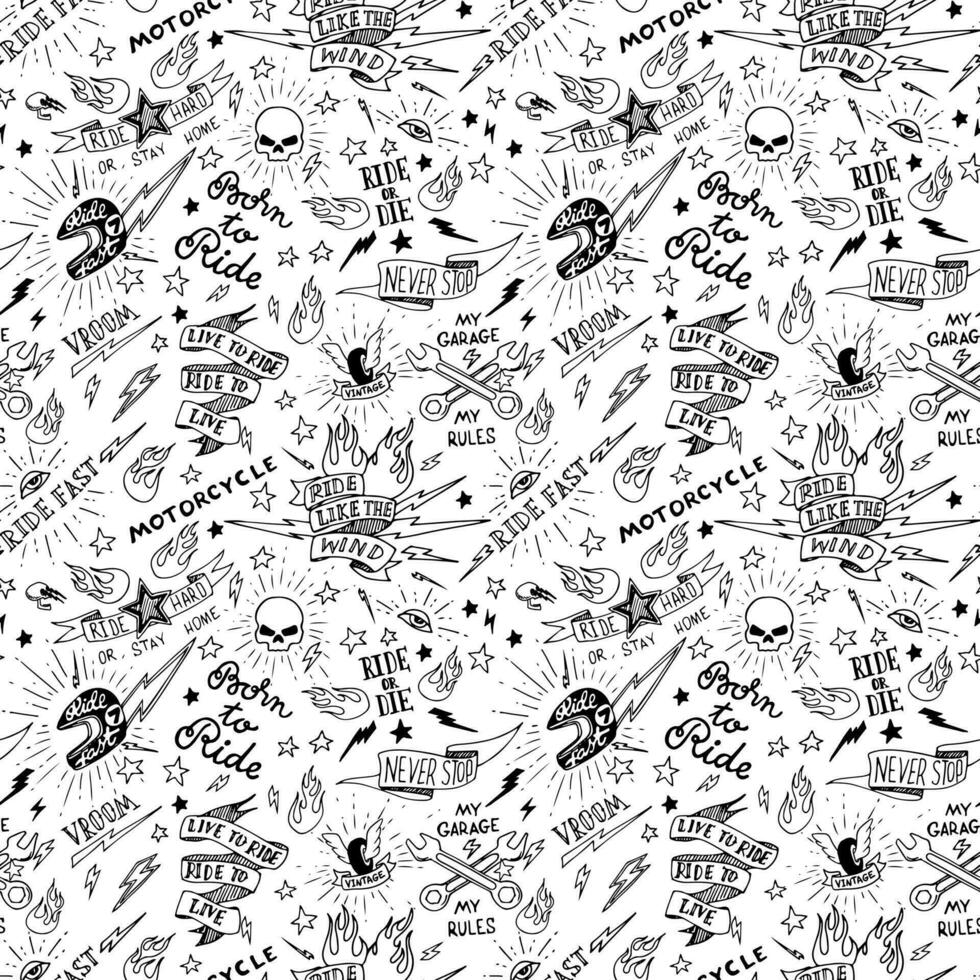 Vintage traditional tattoo biker seamless pattern, vector illustration