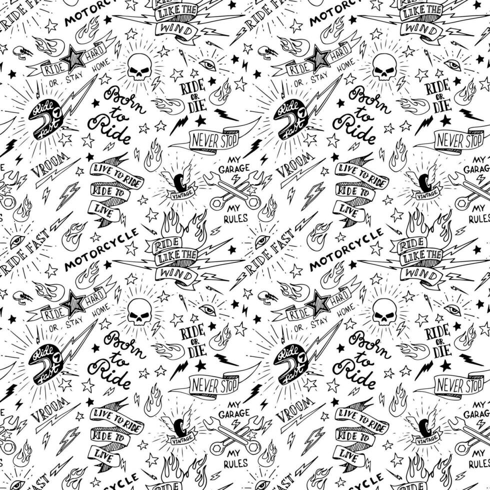 Vintage traditional tattoo biker seamless pattern, vector illustration