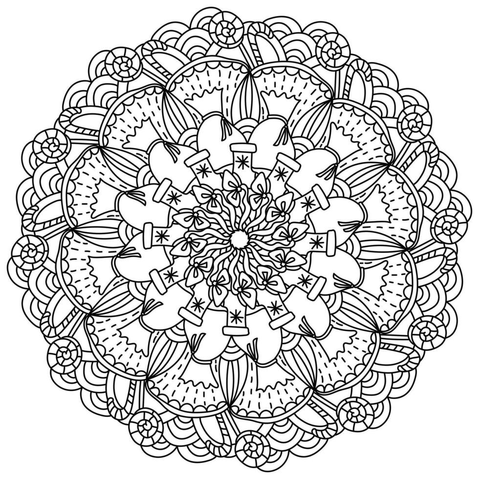 Christmas mandala, meditative coloring page with bag, sweets and ornate patterns vector